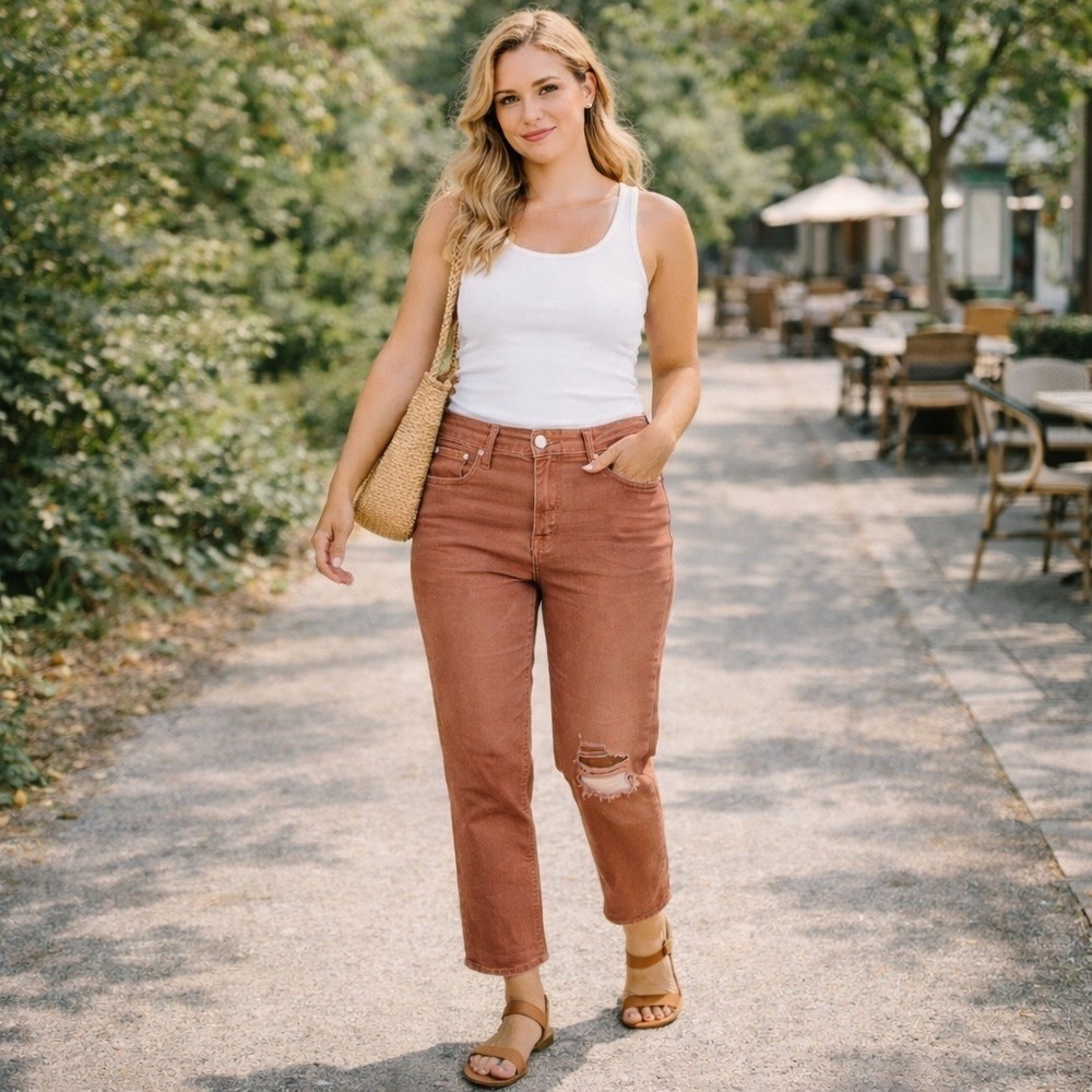 Madewell The Mom Jeans Size 25 Chestnut High Rise Straight Distressed Summer